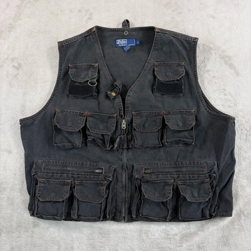 Vintage 90s 80s Polo Ralph Lauren Hunting Utility Vest in Charcoal Denim Men XL